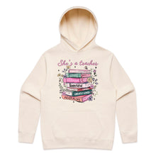 Load image into Gallery viewer, She’s a teacher – strong, victorious, beautiful, capable, greatly loved, never alone - hooded sweatshirt