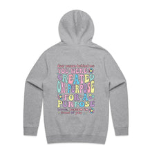 Load image into Gallery viewer, Dear person behind me, you were created on purpose for a purpose Love, person in front of you (design on back of item) - hooded sweatshirt