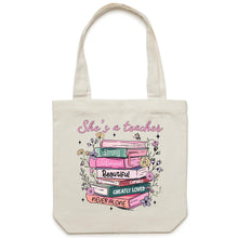 Load image into Gallery viewer, She’s a teacher – strong, victorious, beautiful, capable, greatly loved, never alone - Canvas Tote Bag