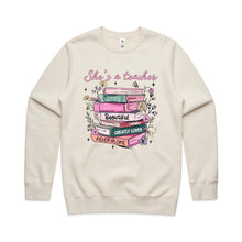 Load image into Gallery viewer, She’s a teacher – strong, victorious, beautiful, capable, greatly loved, never alone - Crew neck sweatshirt